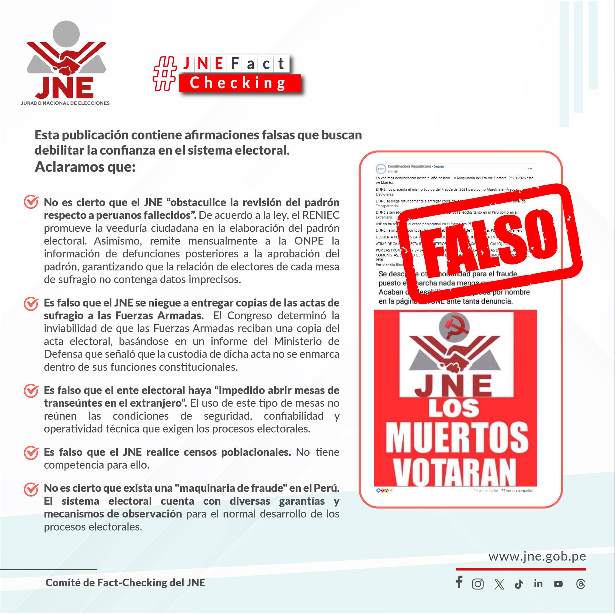 Es falso que el JNE obstaculice la revisión del padrón respecto a fallecidos