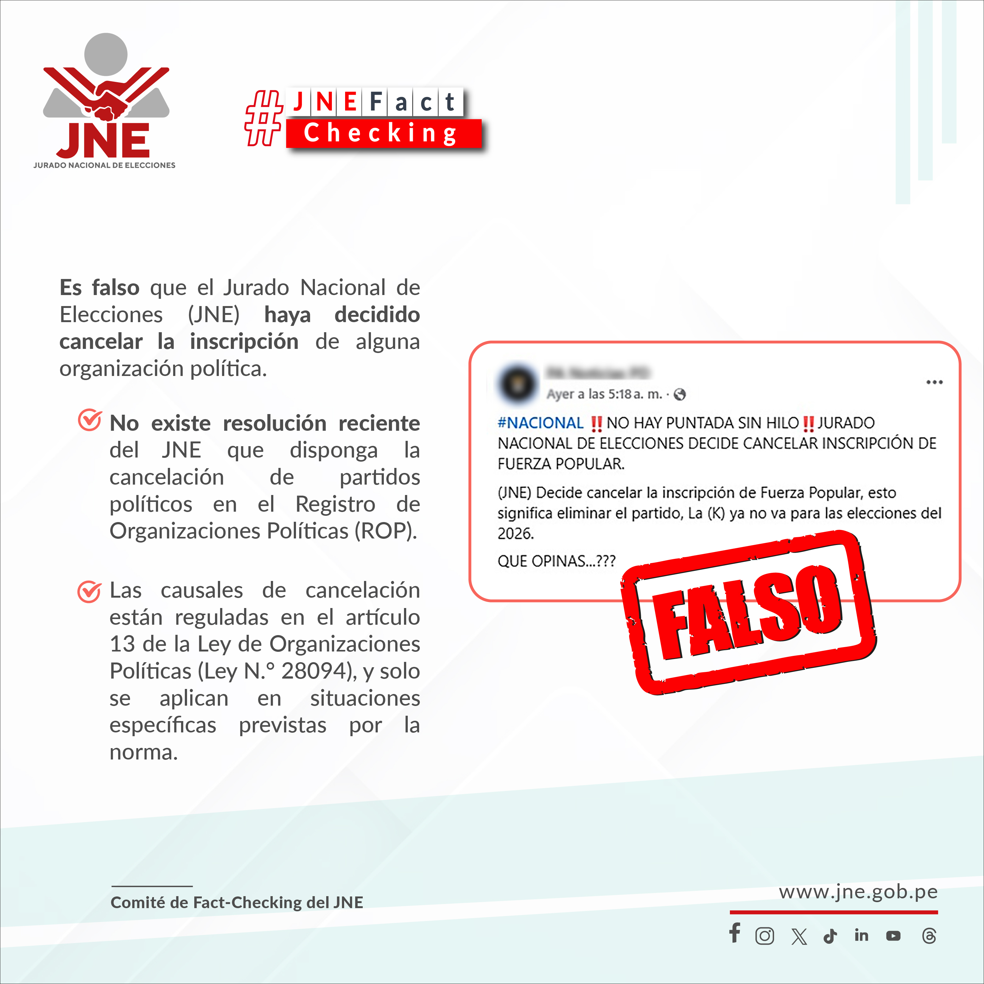 Es falso que el JNE haya decidido cancelar la inscripción de un partido político 