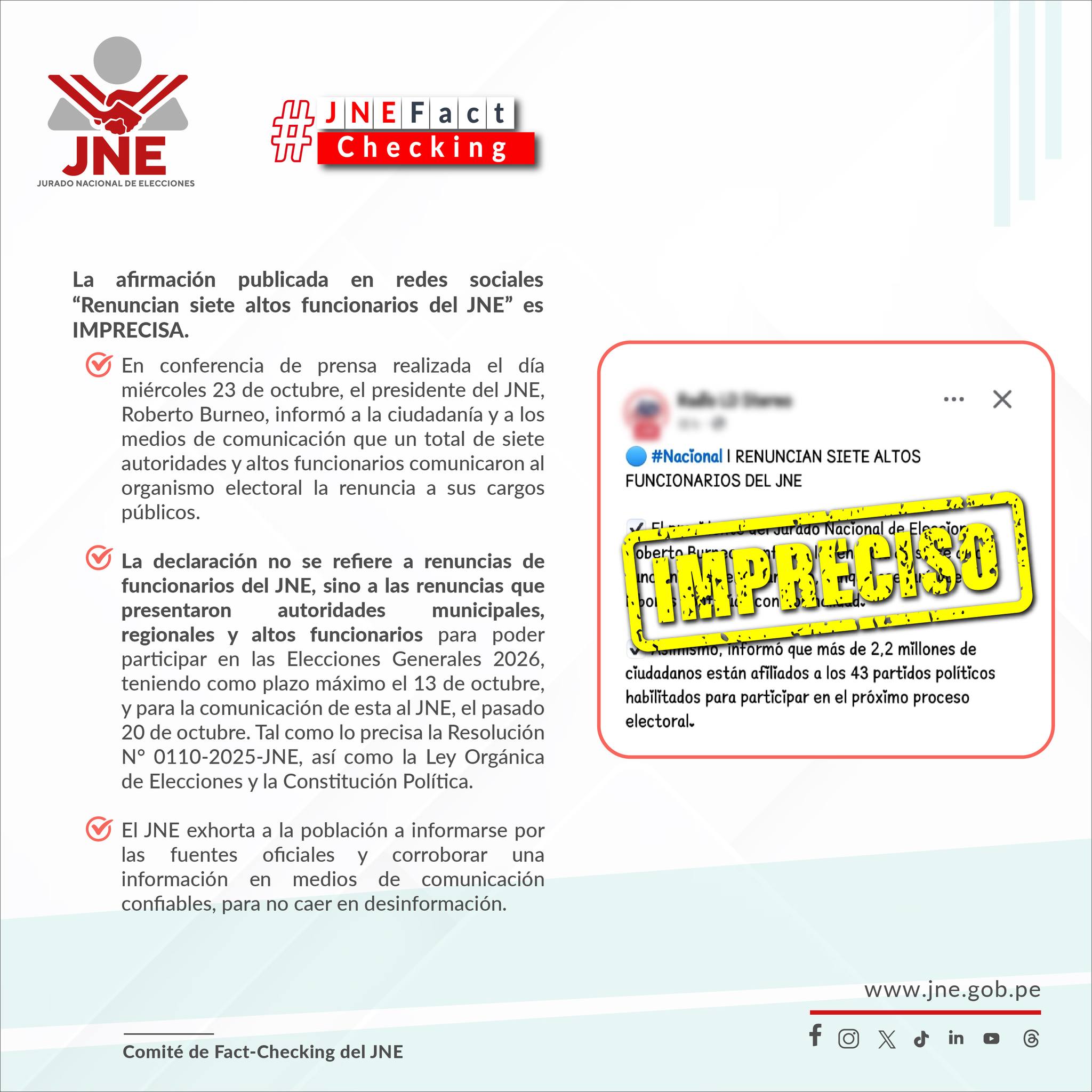 Es imprecisa la publicación Renuncian siete altos funcionarios del JNE