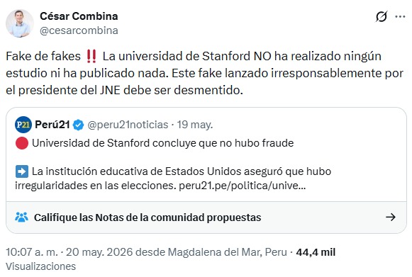 Algunas publicaciones en redes sociales aseguran que la Universidad de Stanford no ha realizado ningún estudio relacionado a las Elecciones Generales 2026 en Perú