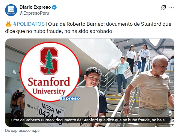 Algunas publicaciones en redes sociales aseguran que la Universidad de Stanford no ha realizado ningún estudio relacionado a las Elecciones Generales 2026 en Perú
