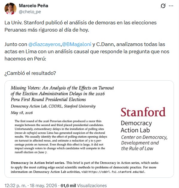 Algunas publicaciones en redes sociales aseguran que la Universidad de Stanford no ha realizado ningún estudio relacionado a las Elecciones Generales 2026 en Perú