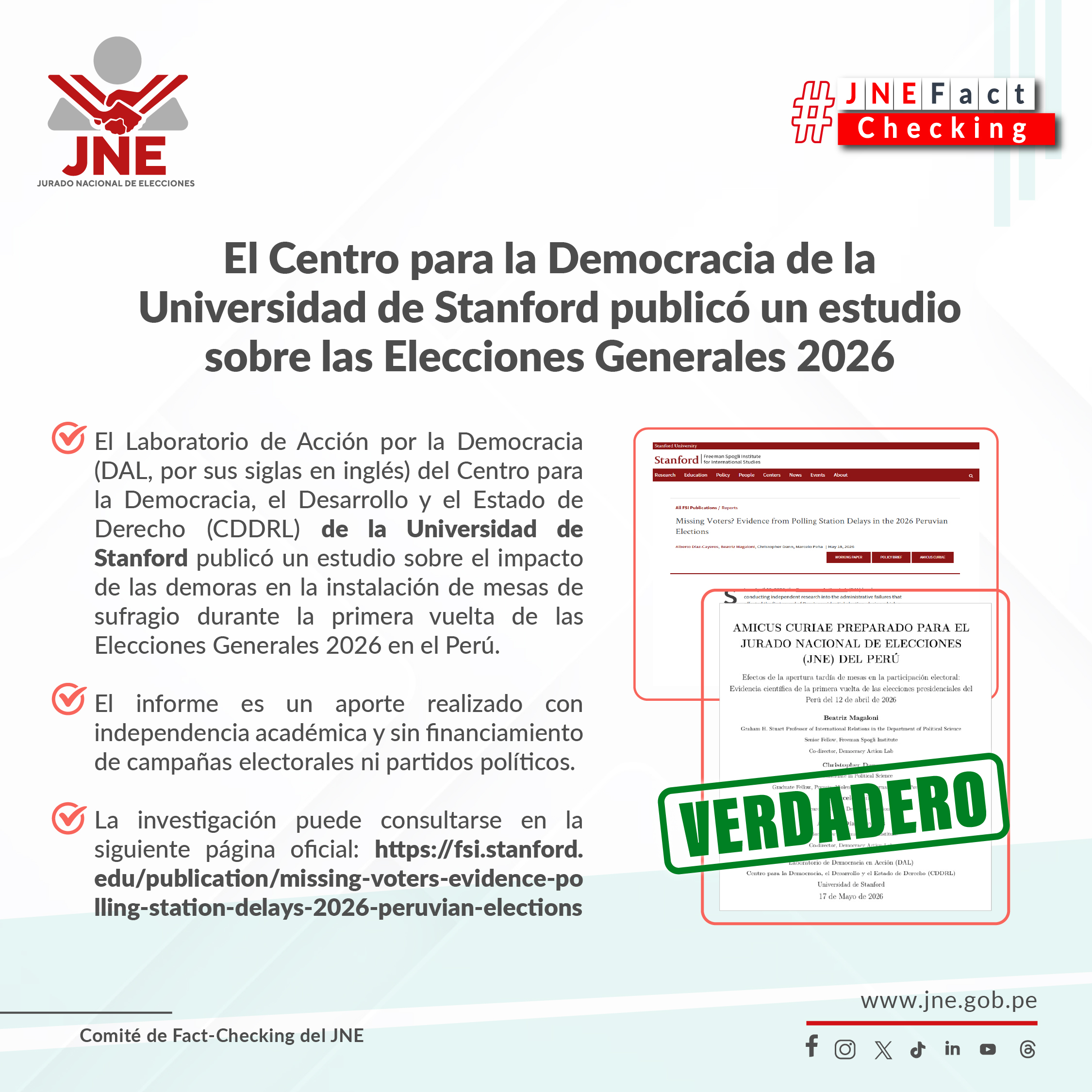 Algunas publicaciones en redes sociales aseguran que la Universidad de Stanford no ha realizado ningún estudio relacionado a las Elecciones Generales 2026 en Perú