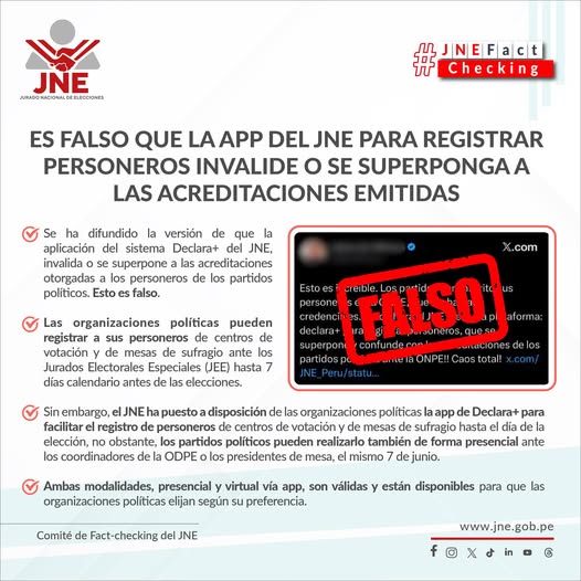 Es falso que la app del JNE para registrar personeros se superponga a las acreditaciones emitidas