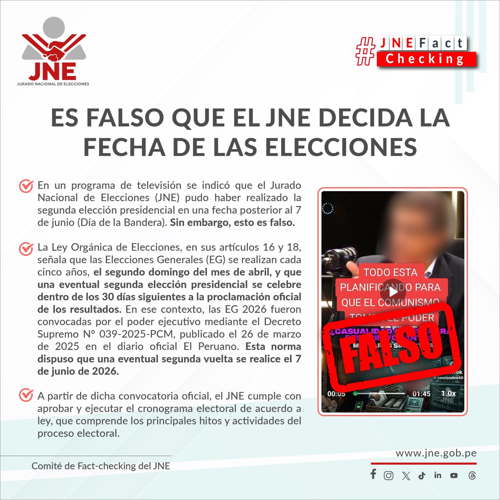 Es falso que el JNE decida la fecha de las elecciones