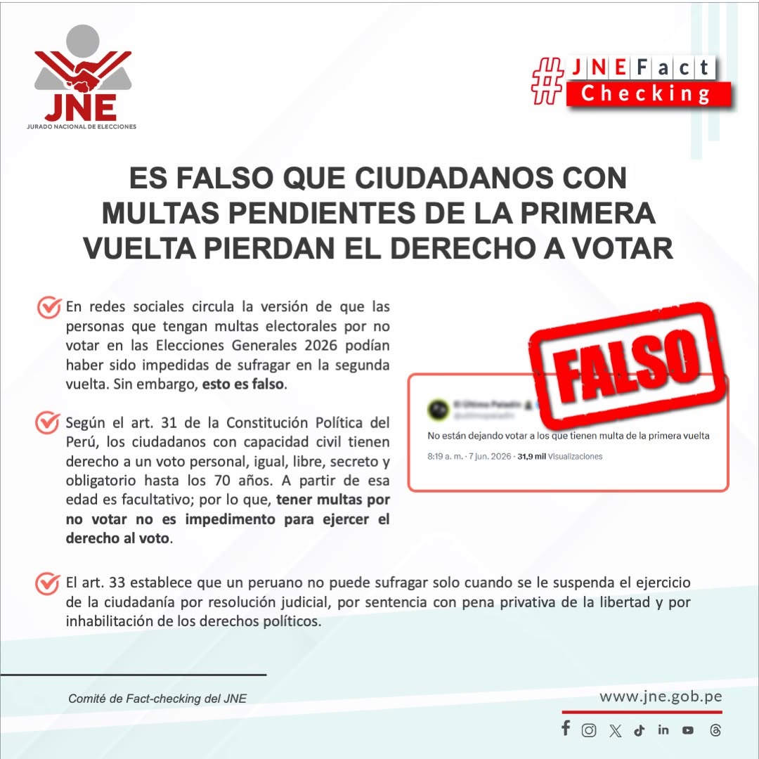 Es falso que ciudadanos con multas pendientes de la primera vuelta pierdan el derecho a votar