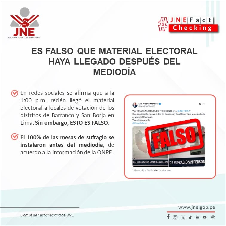 Es falso que material electoral haya llegado después del mediodía en dos distritos de Lima