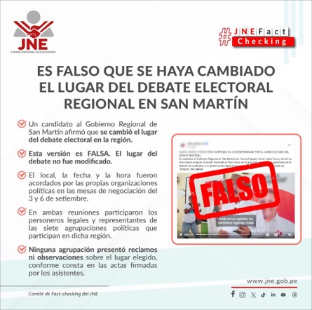 Es falso que se haya cambiado el lugar del debate electoral regional en San Martín