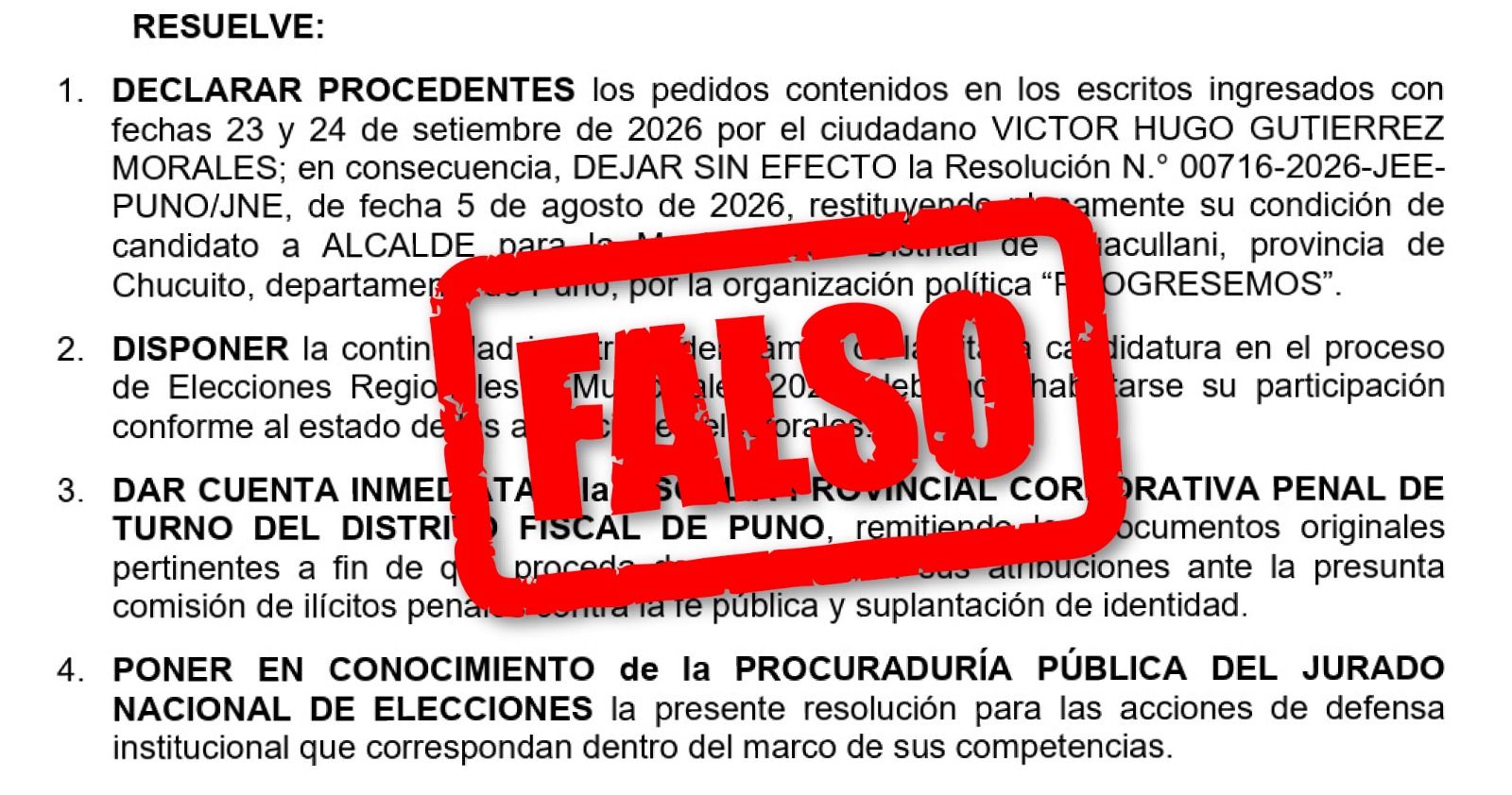 Circula resolución falsa distinta a la que publicó el JEE Puno