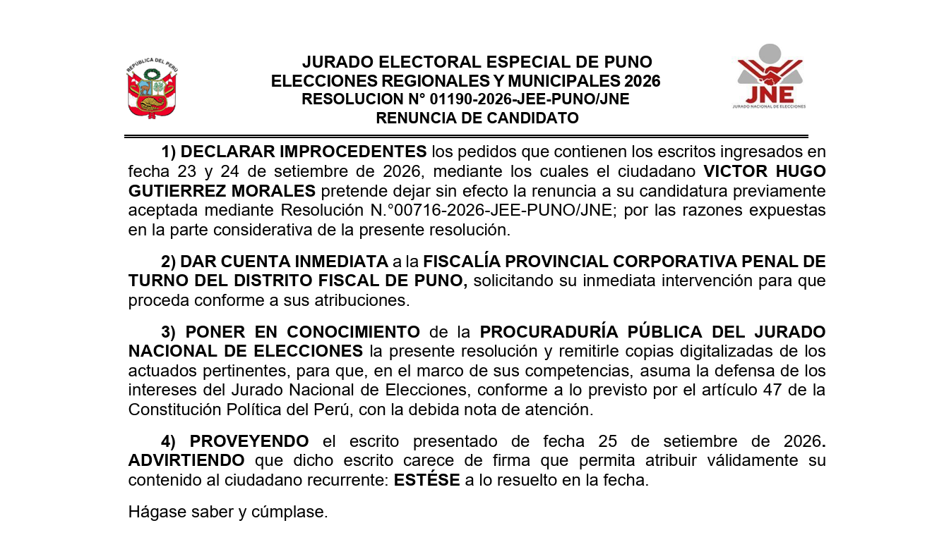 Circula resolución falsa distinta a la que publicó el JEE Puno