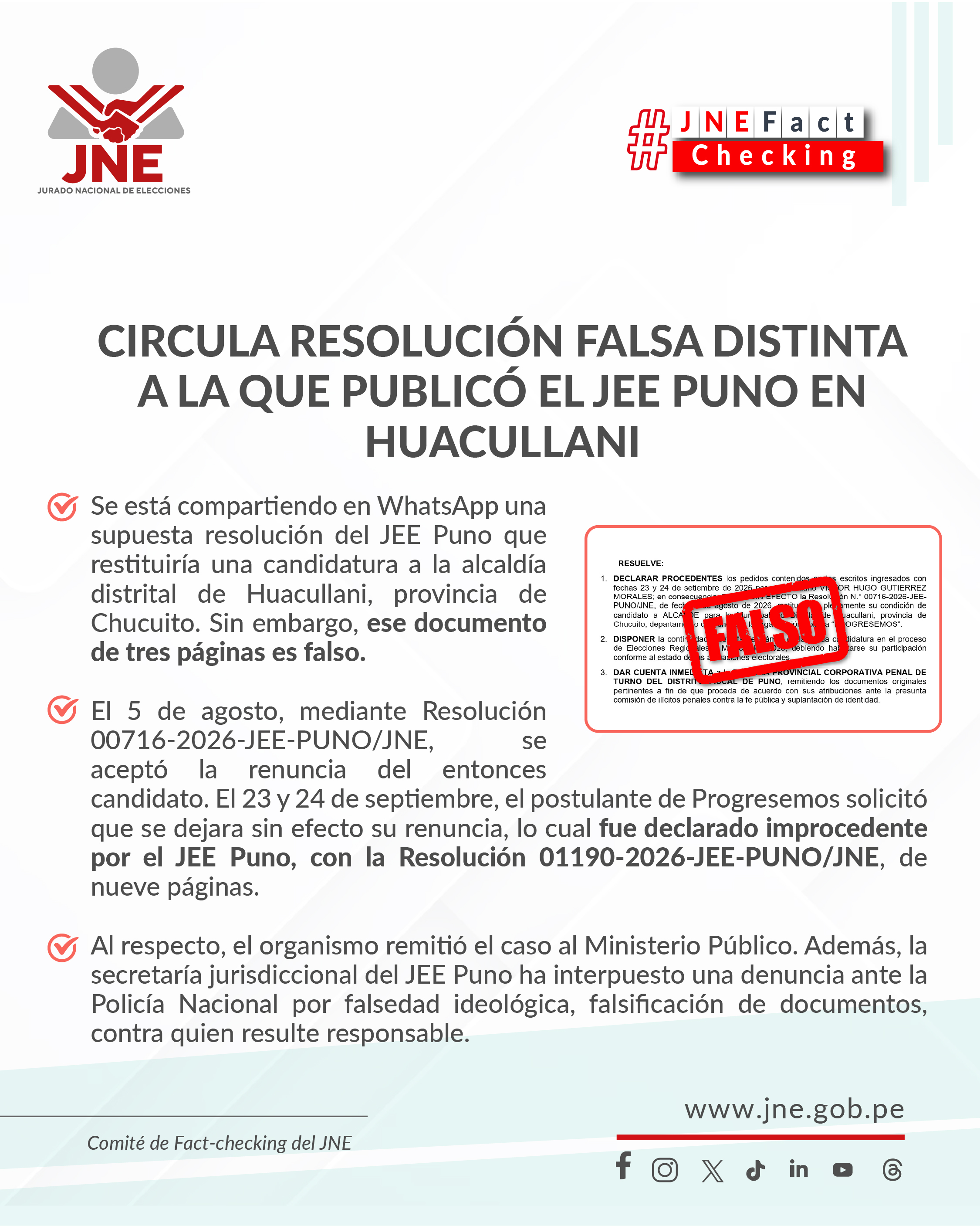 Circula resolución falsa distinta a la que publicó el JEE Puno
